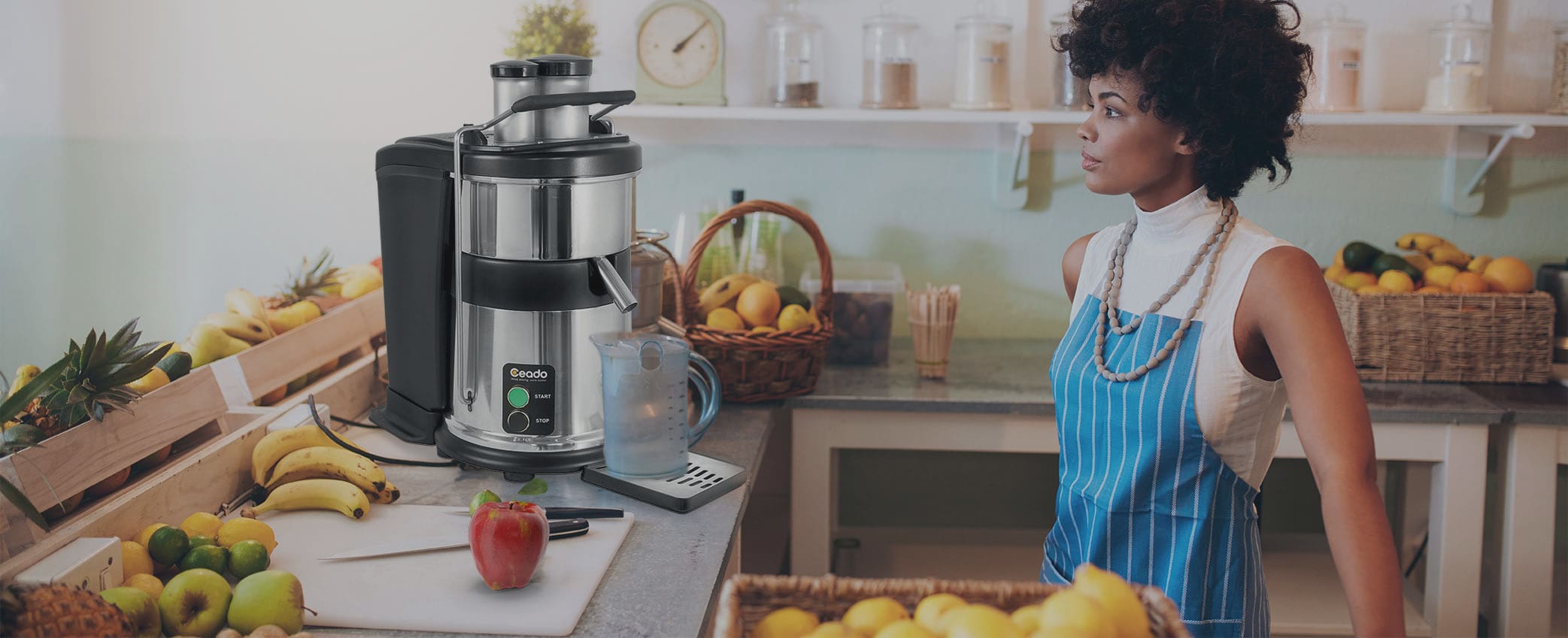 Image of a commercial juicer on top of the counter of a juice bar